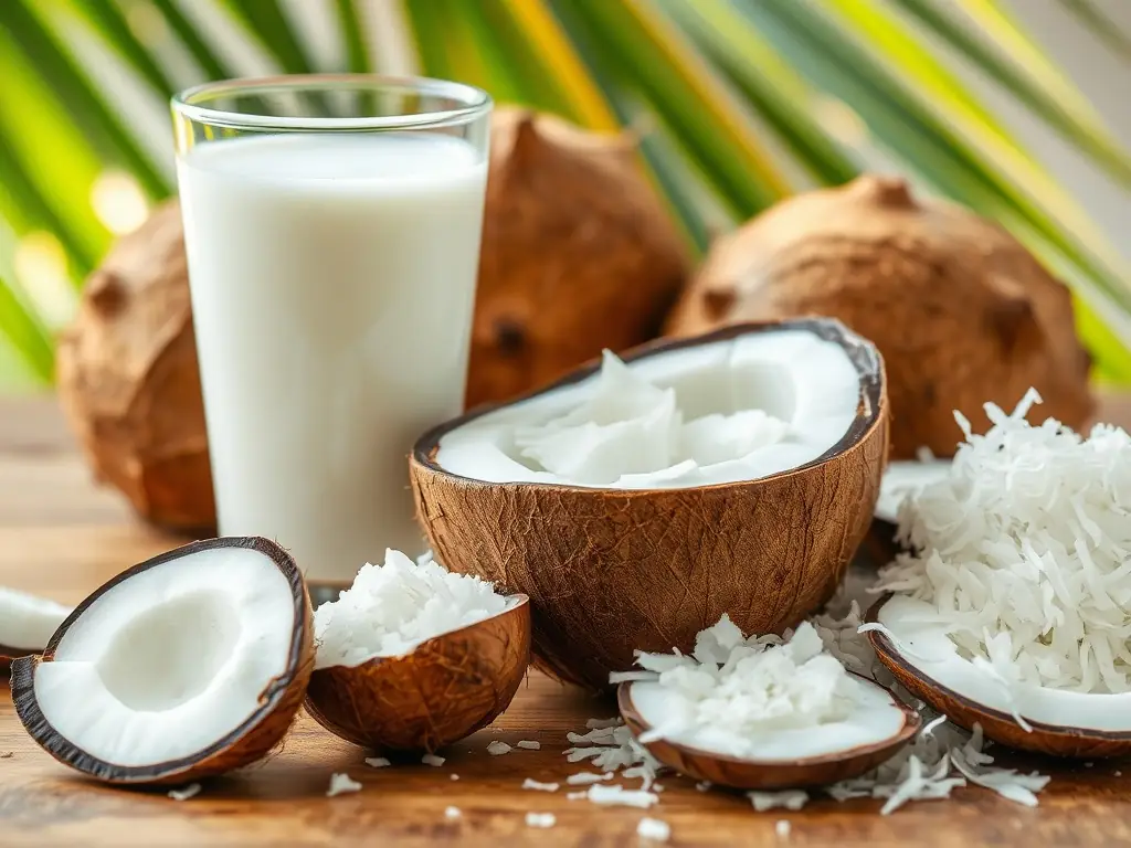 A visually appealing image featuring a variety of coconut products, such as coconut oil, desiccated coconut, and coconut shells, arranged to highlight their versatility and natural goodness.